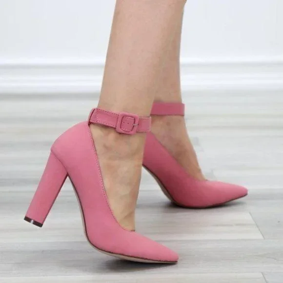 Pink Pointy Toe Ankle Brace Buckle Heels - Picture 3 of 9